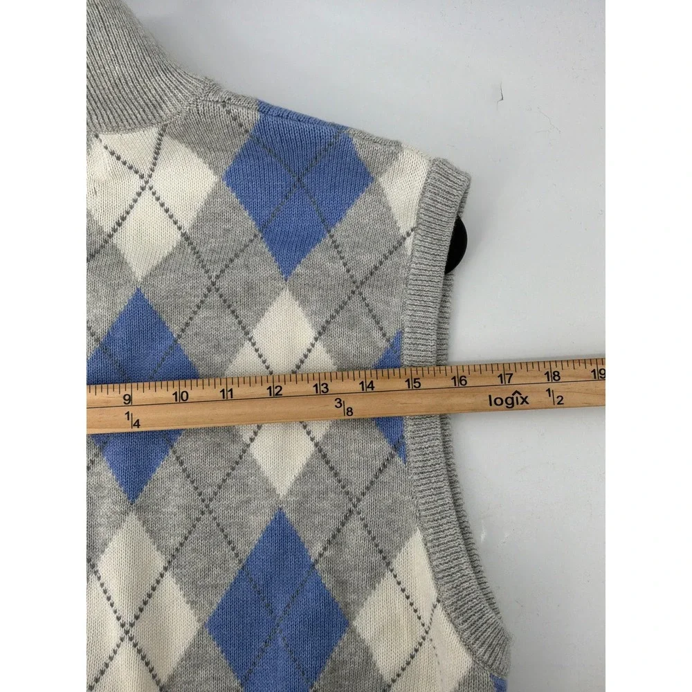 Vintage Polo Golf Sweater Vest Men Medium Grey Argyle Preppy Zip Cashmere Cotton
